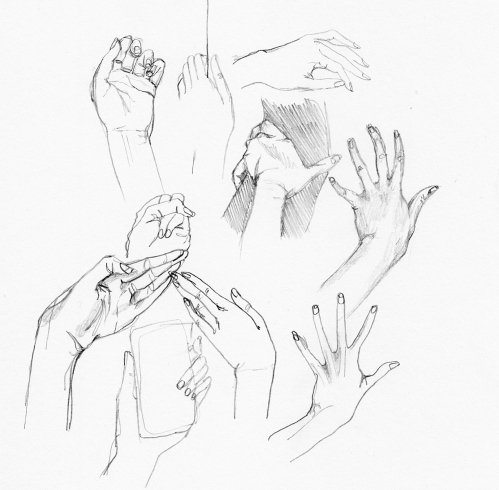 Sketchbook drawings of hands drawn from life